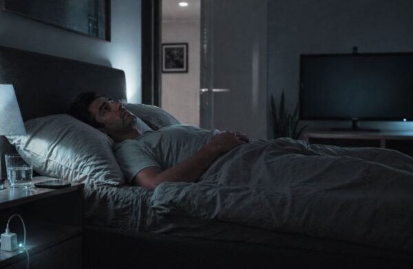 Persona en el dormitorio durante la noche utilizando el teléfono móvil bajo luz tenue, representando cómo la iluminación y las pantallas afectan la melatonina y el sueño.