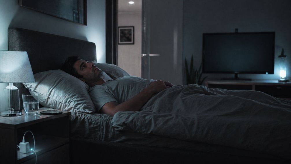 Persona en el dormitorio durante la noche utilizando el teléfono móvil bajo luz tenue, representando cómo la iluminación y las pantallas afectan la melatonina y el sueño.