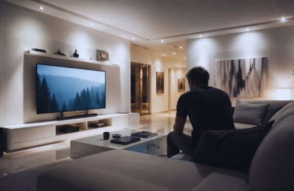 Persona en el hogar durante la noche expuesta a luz artificial brillante mientras utiliza pantallas, representando el impacto de la iluminación nocturna en el sistema circadiano y el sueño.