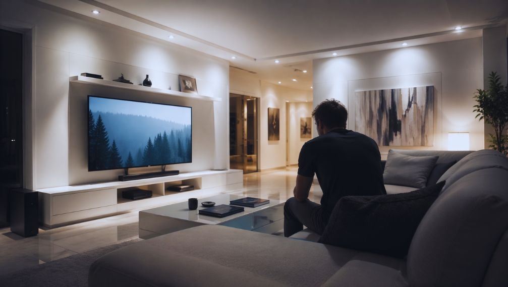 Persona en el hogar durante la noche expuesta a luz artificial brillante mientras utiliza pantallas, representando el impacto de la iluminación nocturna en el sistema circadiano y el sueño.