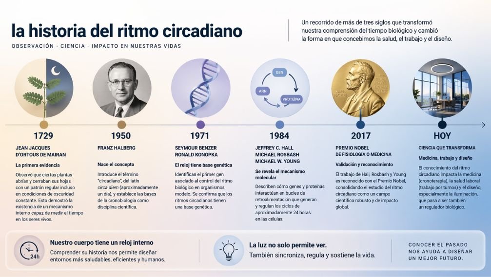 Infografía horizontal sobre la historia del ritmo circadiano, desde el experimento de Jean Jacques d'Ortous de Mairan en 1729 hasta el Premio Nobel de 2017, incluyendo avances en cronobiología, genética y diseño de iluminación.