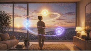Persona en el hogar al atardecer observando la luz natural mientras tres esferas luminosas representan el ciclo hormonal diario: cortisol en la mañana, serotonina durante el día y melatonina en la noche.