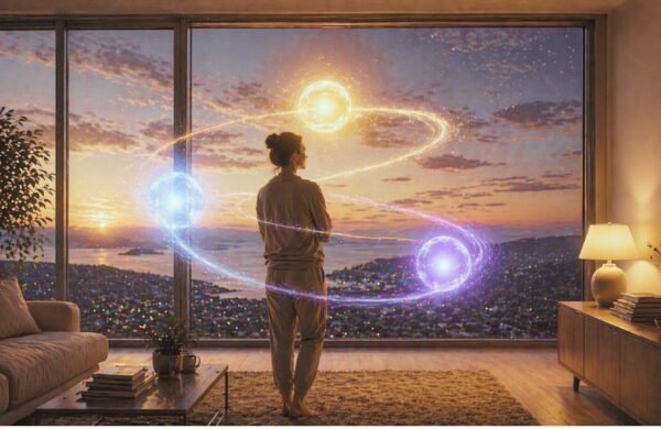 Persona en el hogar al atardecer observando la luz natural mientras tres esferas luminosas representan el ciclo hormonal diario: cortisol en la mañana, serotonina durante el día y melatonina en la noche.