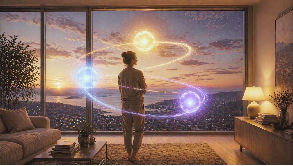 Persona en el hogar al atardecer observando la luz natural mientras tres esferas luminosas representan el ciclo hormonal diario: cortisol en la mañana, serotonina durante el día y melatonina en la noche.