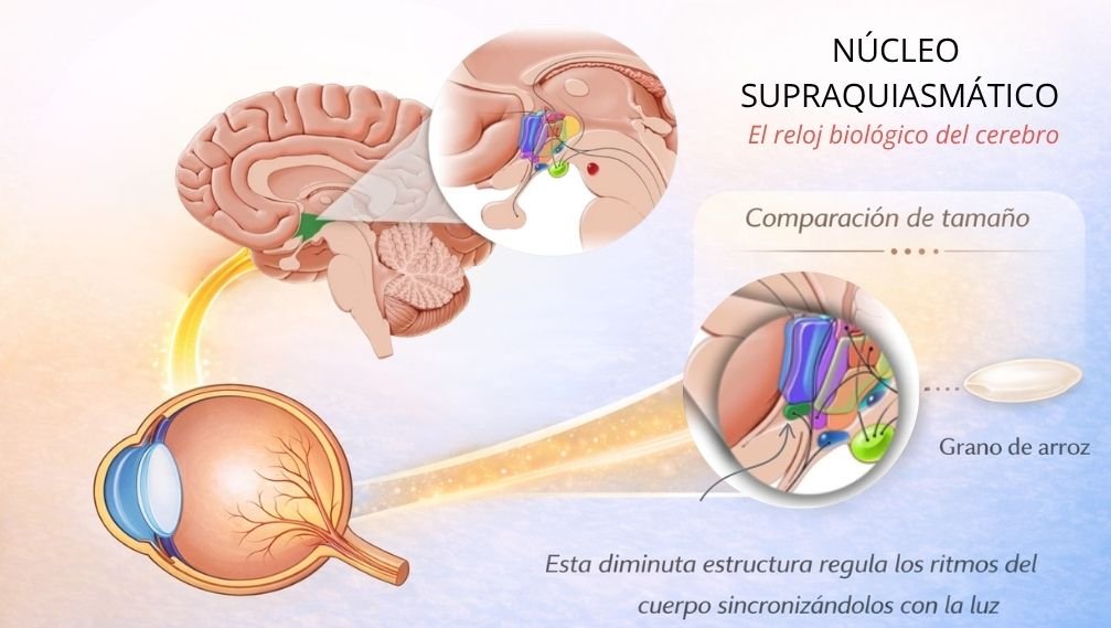 Ilustración del núcleo supraquiasmático en el cerebro mostrando su ubicación en el hipotálamo y su función como reloj biológico que regula los ritmos circadianos.