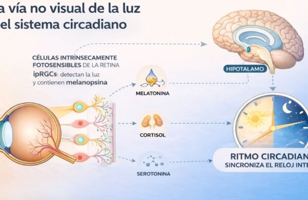 Infografía conceptual sobre la vía no visual de la luz, mostrando la relación entre la retina, la percepción de luz ambiental y la regulación del sistema circadiano.