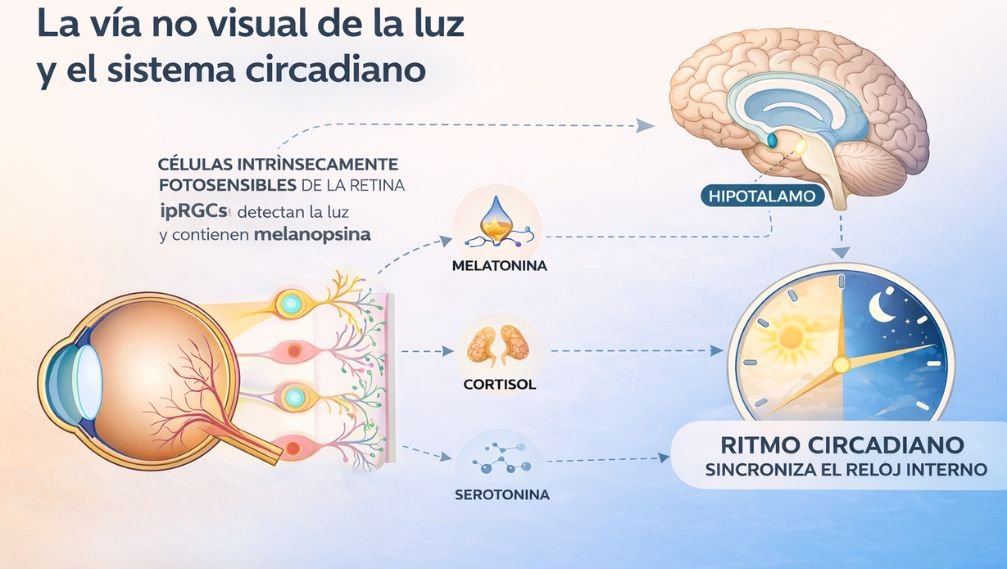 Infografía conceptual sobre la vía no visual de la luz, mostrando la relación entre la retina, la percepción de luz ambiental y la regulación del sistema circadiano.