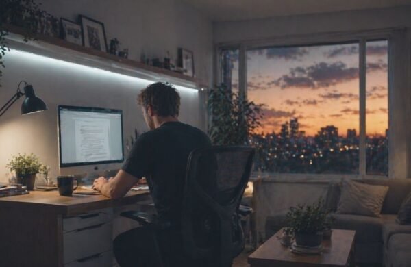 Persona trabajando desde casa en un espacio residencial con distintas condiciones de iluminación para trabajo y descanso, representando la transición entre activación y restauración.