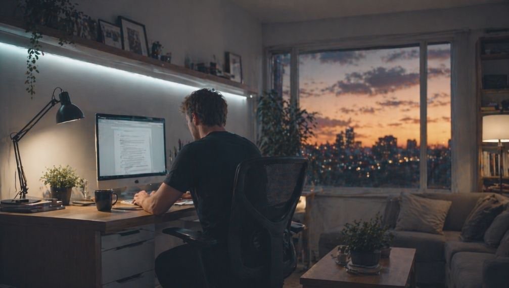 Persona trabajando desde casa en un espacio residencial con distintas condiciones de iluminación para trabajo y descanso, representando la transición entre activación y restauración.