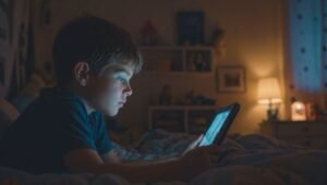 Habitación infantil iluminada con luz cálida y tenue durante la noche, representando la relación entre iluminación y sueño en los niños.
