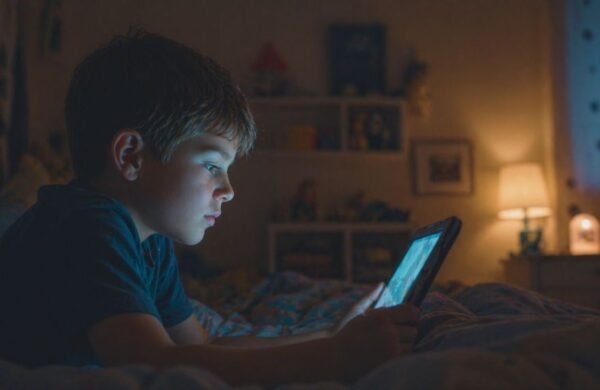Habitación infantil iluminada con luz cálida y tenue durante la noche, representando la relación entre iluminación y sueño en los niños.