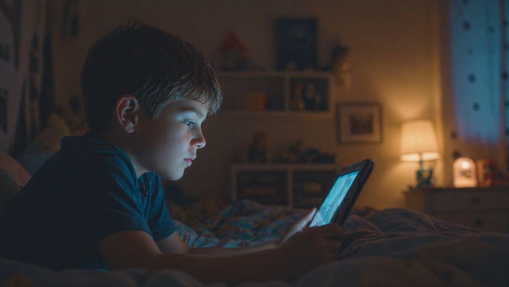 Habitación infantil iluminada con luz cálida y tenue durante la noche, representando la relación entre iluminación y sueño en los niños.
